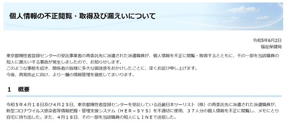 東京都、コロナ陽性者の個人情報漏えい 委託先の再委託先で派遣社員が不正閲覧、LINEで知人に送信 - ITmedia NEWS