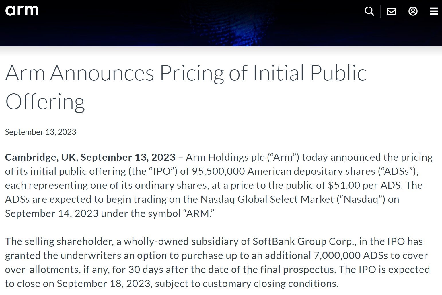 ソフトバンクG傘下のArm、公開価格は1株51ドルで時価総額およそ540億 