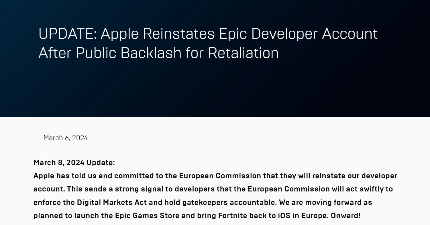  Apple、8月28日にEpic Gamesの開発者アカウントを停止すると脅迫