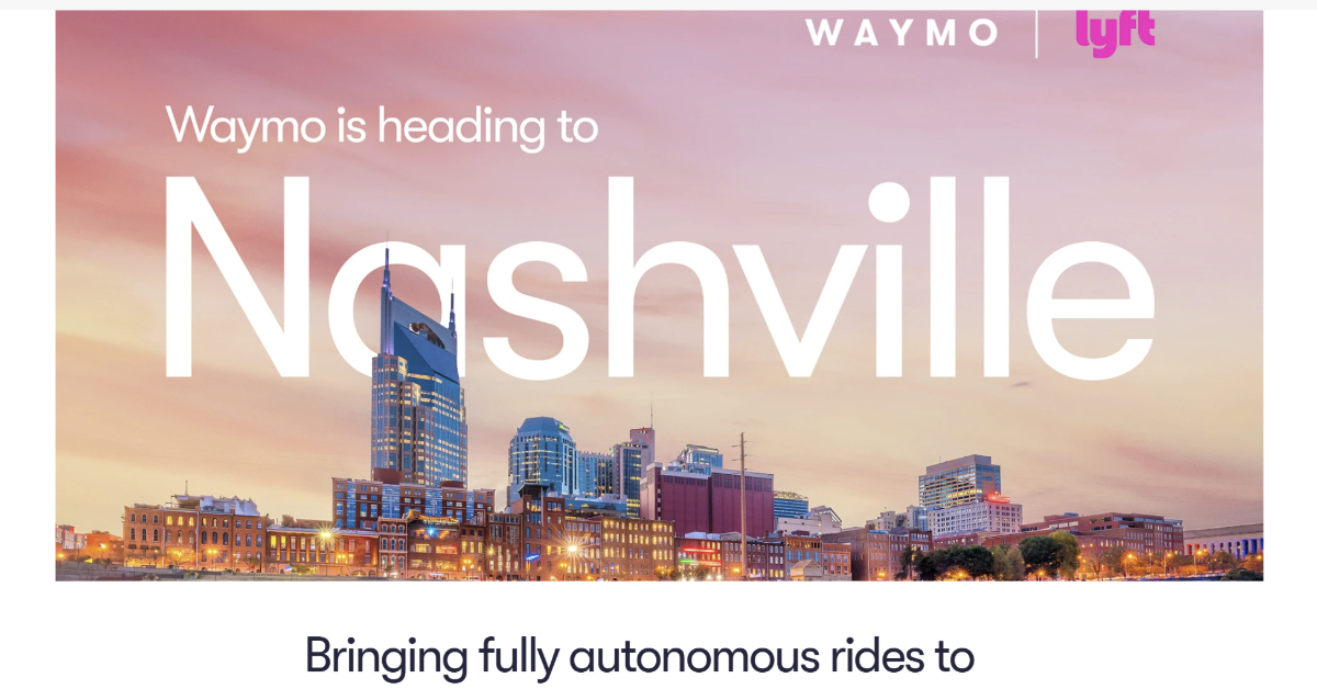 Waymo、Lyftとの提携でナッシュビルでロボタクシー提供開始