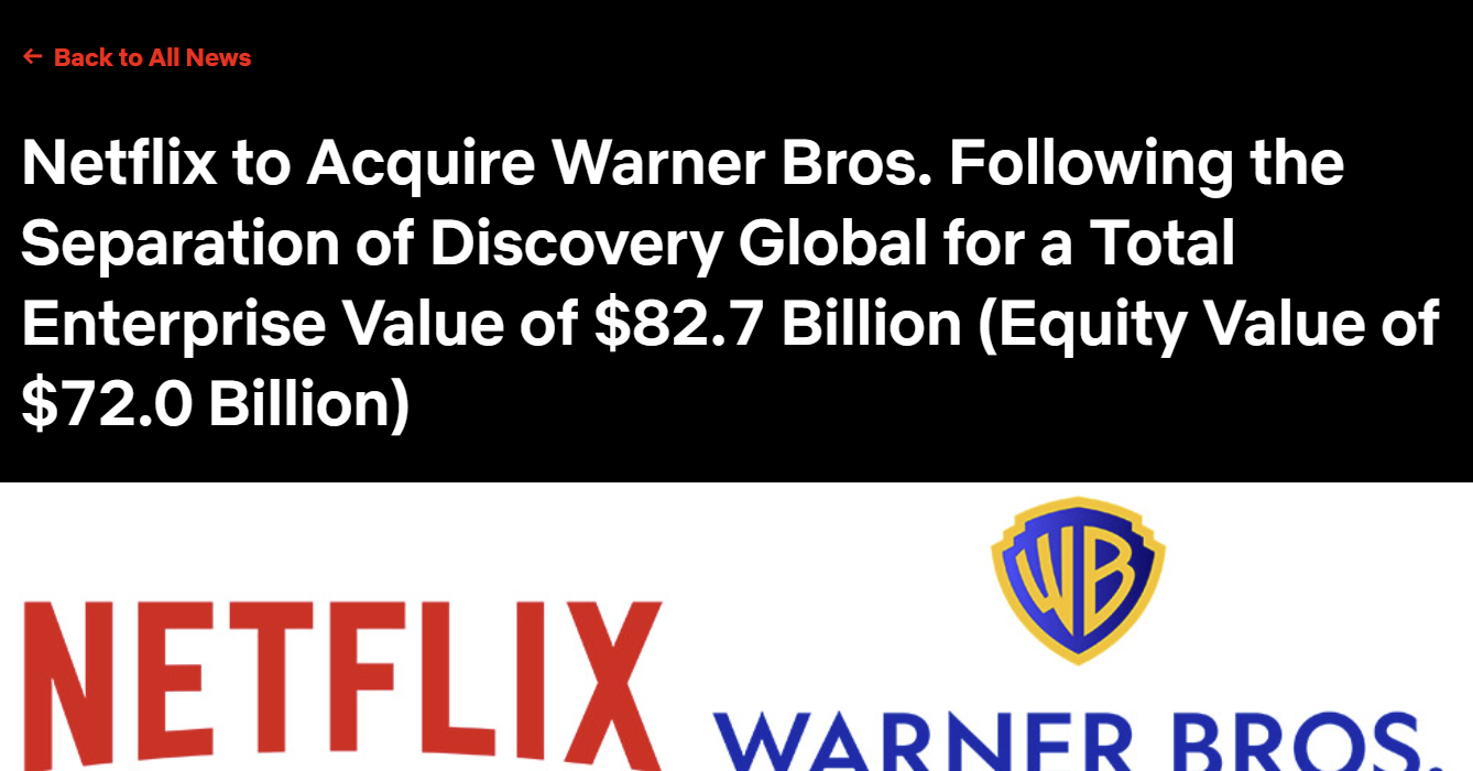 Netflix、映画の老舗Warner Bros.事業を720億ドル(約11.2兆円)で買収合意