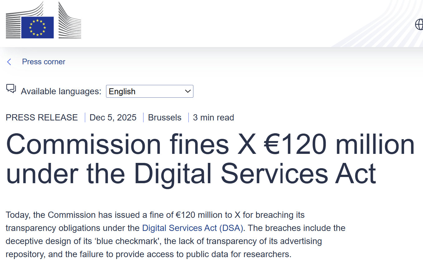EUがXにDSA違反で約217億円の制裁金、イーロン・マスク氏は「bullshit