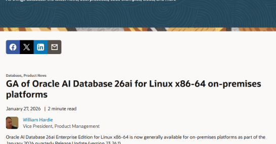 Oracle、Linux版の「Oracle AI Database 26ai」正式リリース 前バージョンからそのまま移行可能