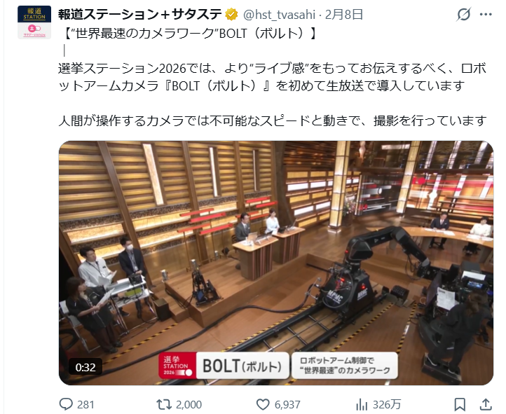 選挙特番で超高速ロボットカメラ活用　テレ朝「BOLT」採用理由は「戦後最短→いまだかつてないスピード→BOLT」