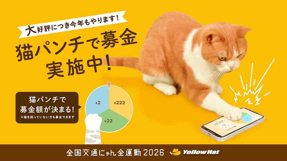 恒例「猫パンチで募金」、イエローハットが「猫の日」に合わせて開始