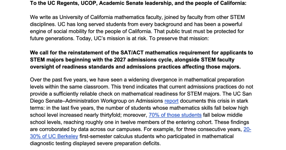カリフォルニア大学で「中学数学を教え直す」異常事態 理工系教員ら1000人超が連名で抗議文書 元因は……