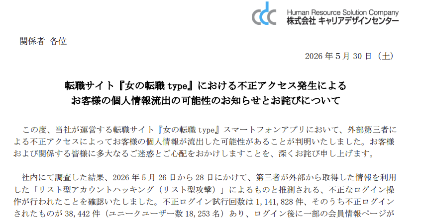 「女の転職type」にリスト型攻撃、3万8000件の不正ログイン確認