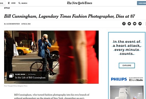 ビル・カニンガムの訃報を報せるThe New York Times紙