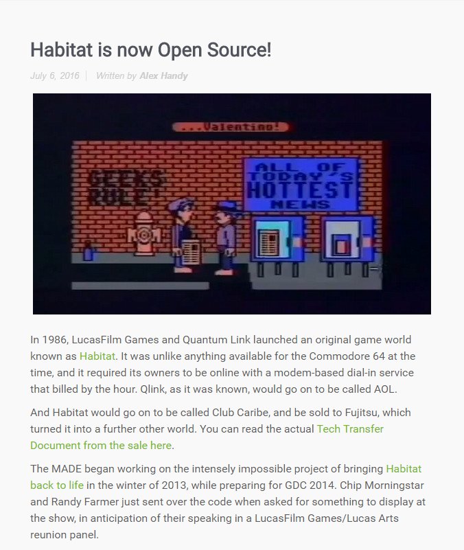 オンラインゲーム「Habitat」のソースコード公開 1986年にルーカスフィルムのゲーム会社が制作（要約） - ねとらぼ