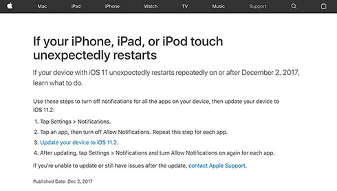 Apple iPhone iPad iOS 11.2 不具合 再起動