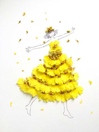 華やかな草花のドレスにうっとり イラストと花を組み合わせたアート