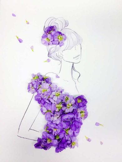 華やかな草花のドレスにうっとり イラストと花を組み合わせたアート