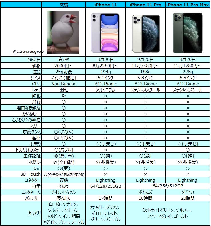 これは文鳥一択 新型iphoneと文鳥の比較表 が圧倒的に文鳥の勝利だった ねとらぼ