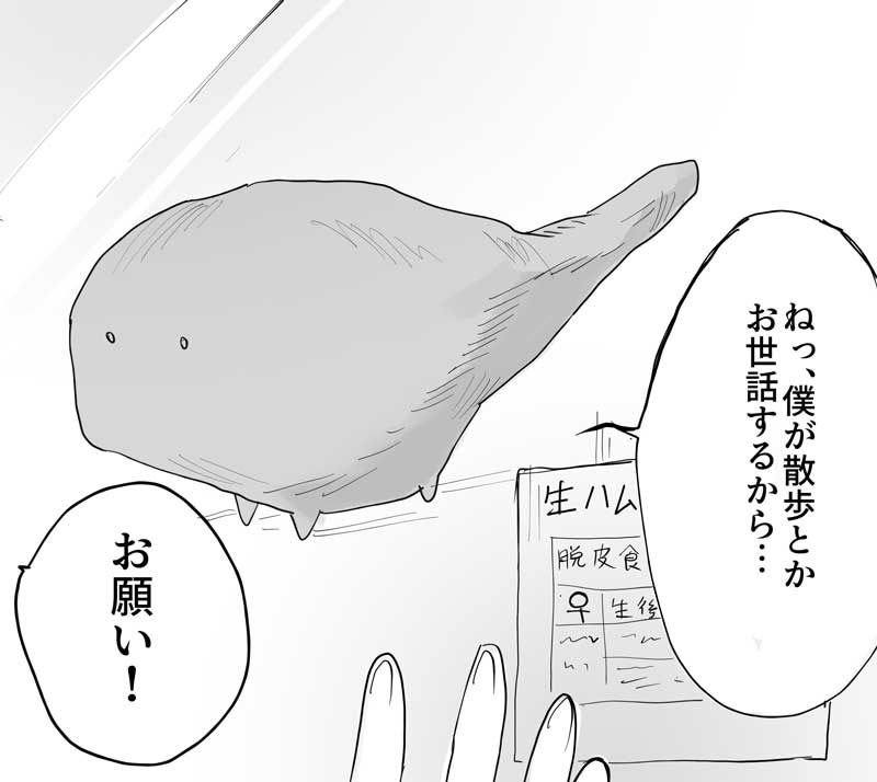 ペットショップでメスの原木に一目ぼれ 生ハムの原木を購入 謎の生物を飼う創作漫画が人類には早すぎる ねとらぼ