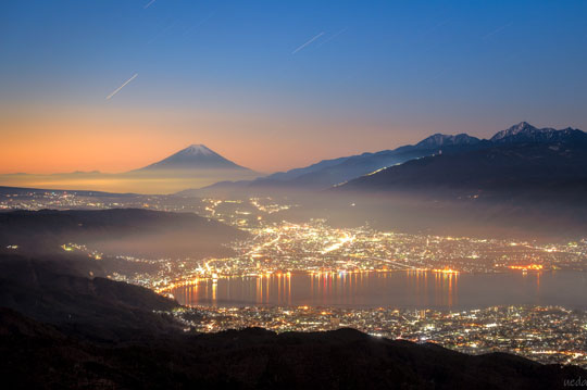 長野県 高ボッチ高原 富士山 諏訪湖 夜景 写真 シャッターポイント