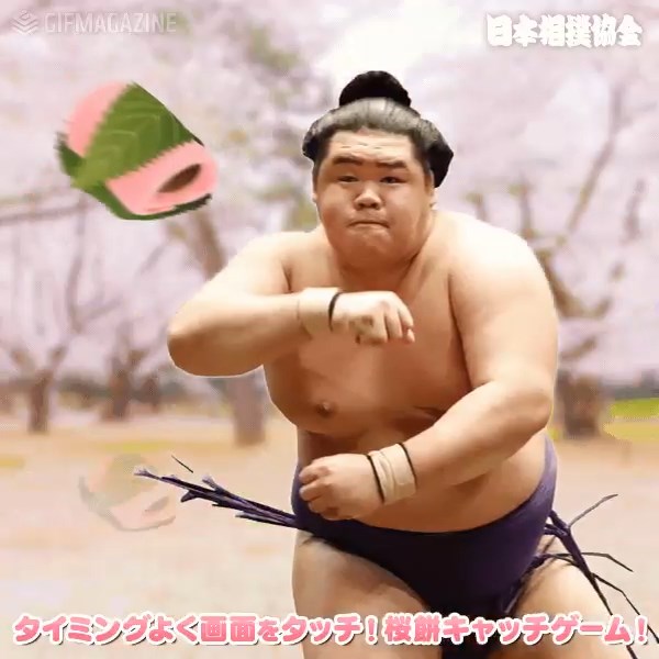 日本相撲協会公式 桜餅キャッチゲーム がシュールでキュート 明生関が桜餅を抱える瞬間をタップだ ねとらぼ