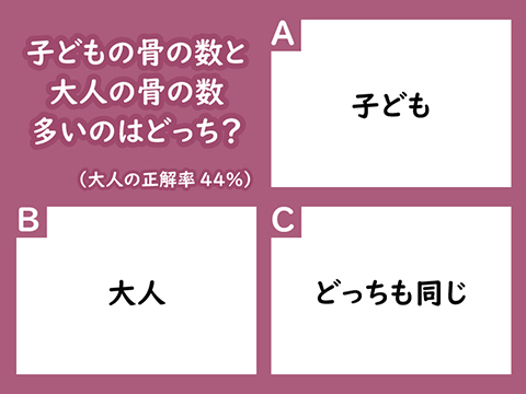 大人の正解率44 子どもの骨の数と大人の骨の数 多いのはどっち 意外と知らない理系な雑学 1 9 ページ ねとらぼ