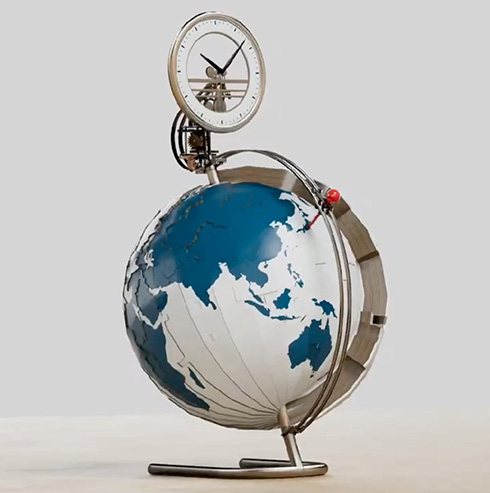 地球儀上のピンを動かして使える世界時計　からくり機構がアナログファンの好奇心を刺激する