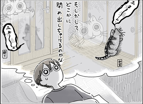 夜中にか細い猫の声が聞こえてきて どこかに閉め出してしまった と焦る飼い主と猫の漫画があるある ねとらぼ