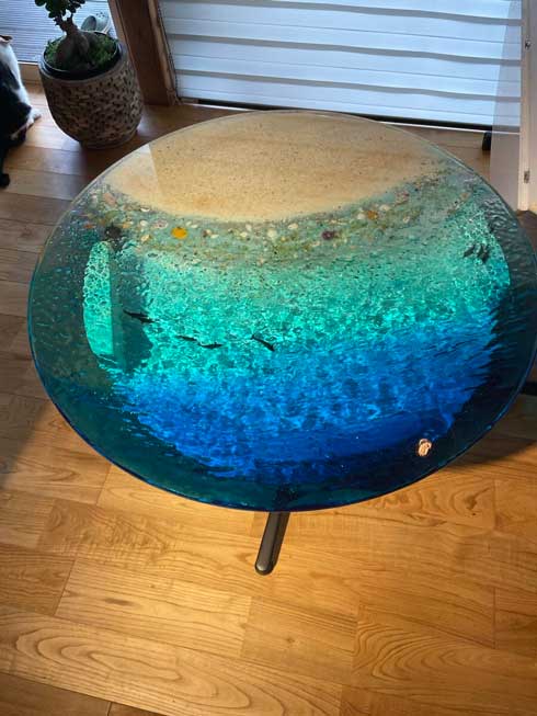 海レジンガラステーブル、テーブル、レジンアート、波、海レジン 