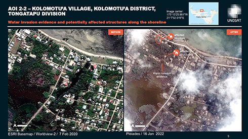 国連訓練調査研究所がトンガ噴火の衛星写真を公開　被災した建物や道路が明らかに