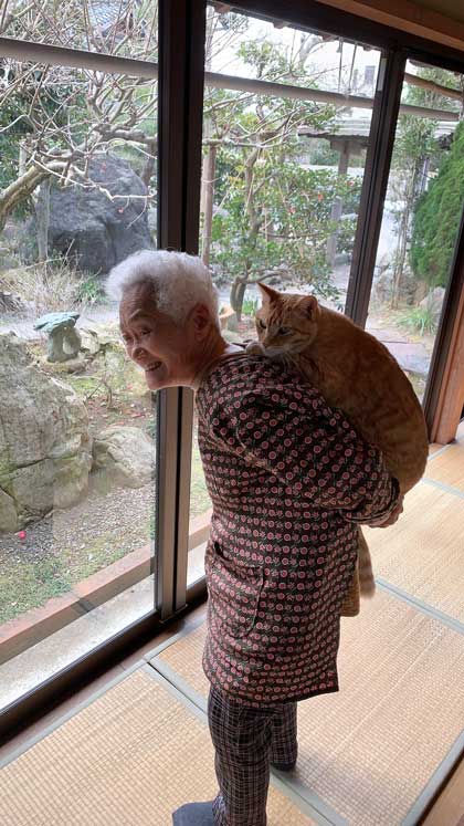 おばあちゃんにおんぶされる茶トラの猫ちゃん