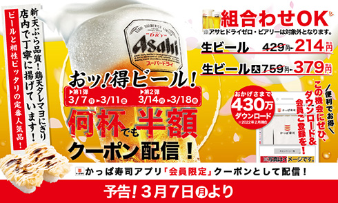 かっぱ寿司の生ビールが214円から！　アプリ会員に何杯飲んでも半額クーポンを配布