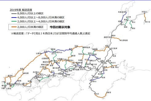 JR西日本の線区別利用状況