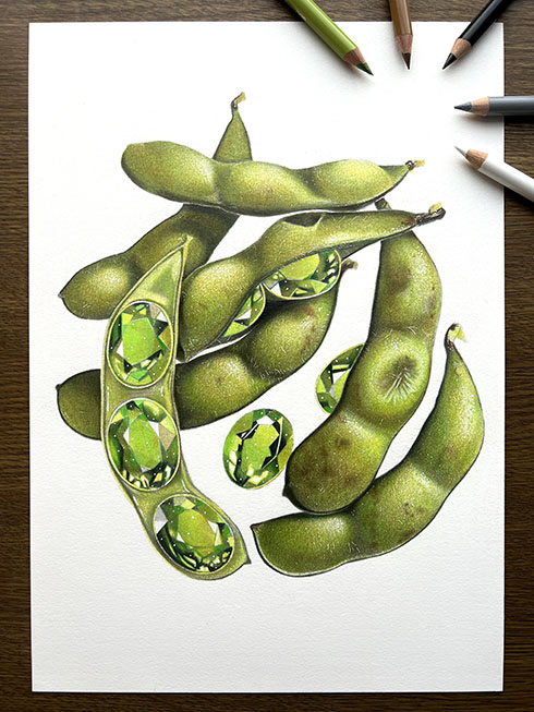 「枝豆×宝石」の色鉛筆画