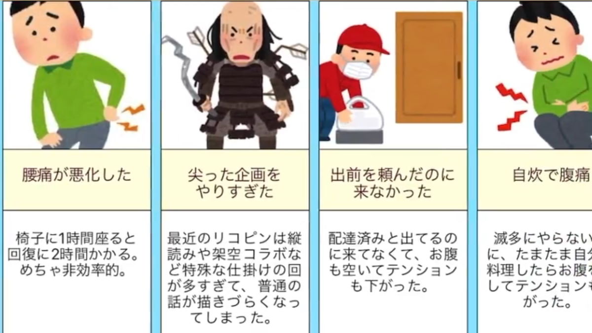 休載の理由を動画にした ジャンプ リコピンが 自炊で腹痛 ちいかわの一番くじが買えなかった など全14の理由により休載 1 2 ページ ねとらぼ