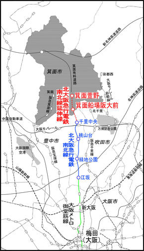 北大阪急行電鉄南北線延伸線の路線図