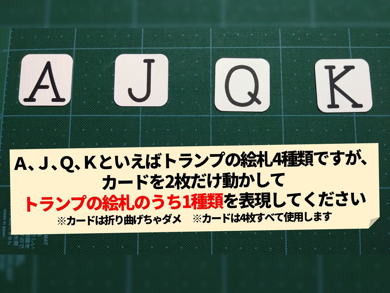 A・J・Q・K」4種類のカードを2枚だけ動かして、“トランプの絵札”を表現