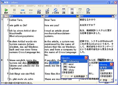 日欧英3言語の翻訳画面を同時に表示する翻訳ソフト――クロスランゲージ