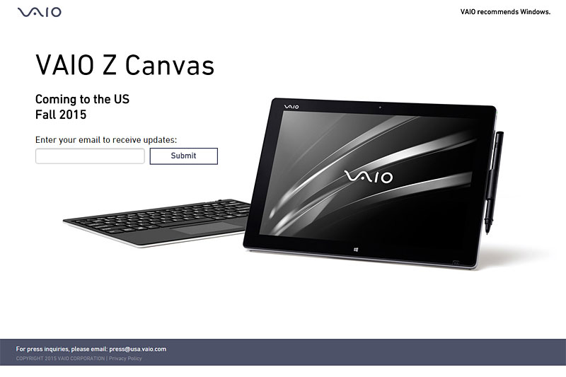 VAIO Z Canvas」は今秋に米国でも発売へ：ティーザーサイトを開設