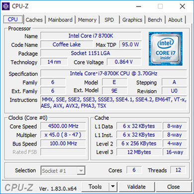 CPU-Z̉ʁBCPU͑8Core i7-8700KB6RAA12XbhƂȂŐVCore i7