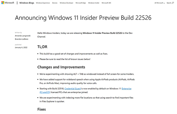 Insider Preview Build 22526の配布開始を伝えるWebページ