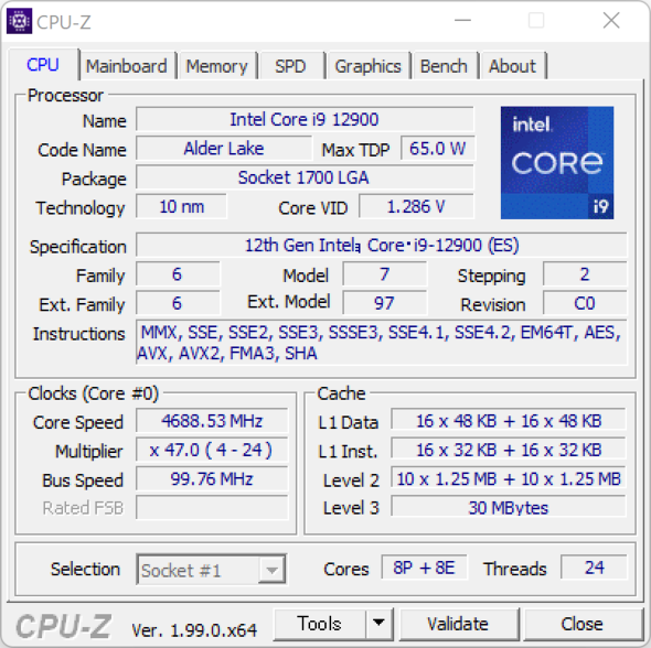Intel NUC 12 Extreme kit CPU-Z