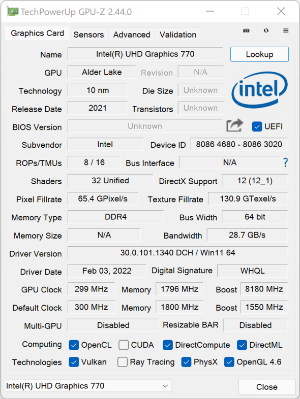 Intel NUC 12 Extreme kit GPU-Z̉