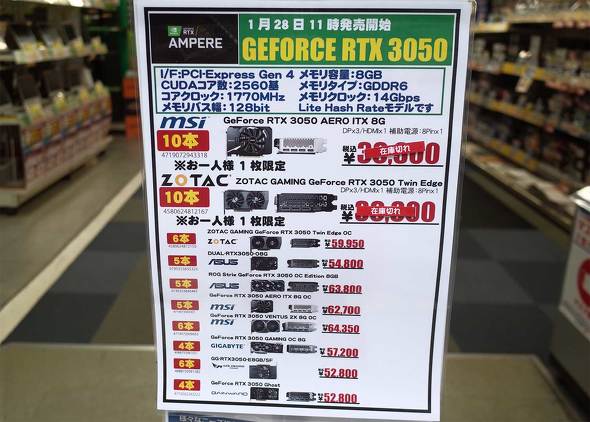 GeForce RTX 3050搭載カード価格表