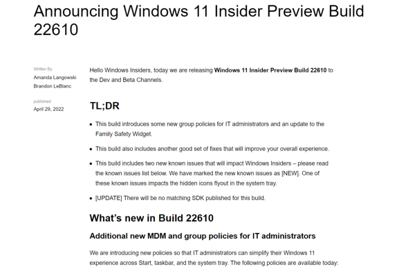 Windows 11 Insider Preview Build 22610
