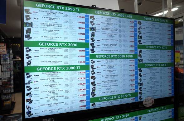 パソコンSHOPアークのGeForce RTX 3000シリーズの価格表