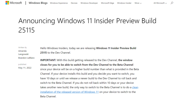 Windows 11 Insider Preview Build 25115 / 22621