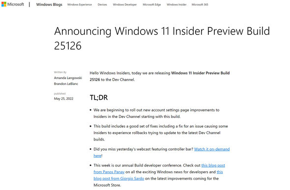 Windows 11 Insider Preview Build 25126̍my[W