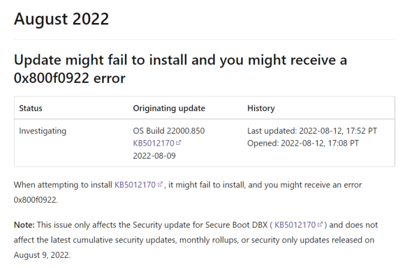 8月9日にリリースされた「KB5012170」にインストールできないことがある不具合が見つかった