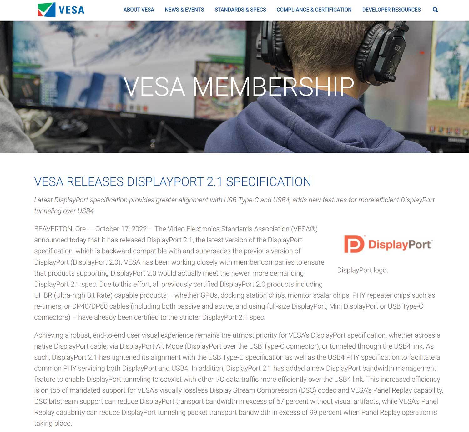 VESA Releases DisplayPort 2.1 Specification