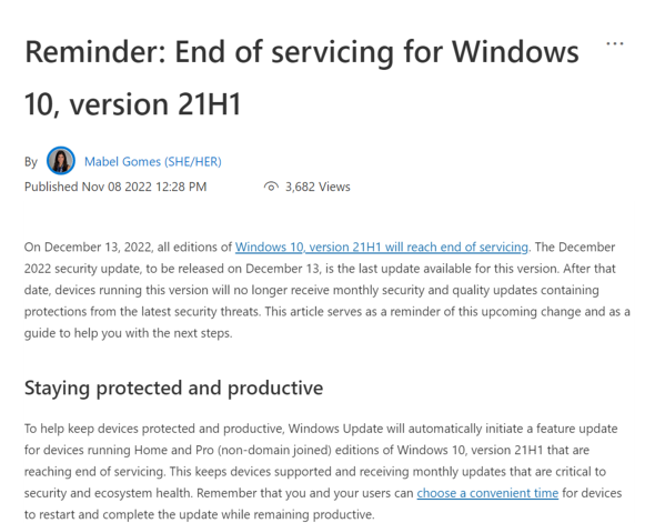 Windows 10 21H1̃T|[g2022N1213ɏI