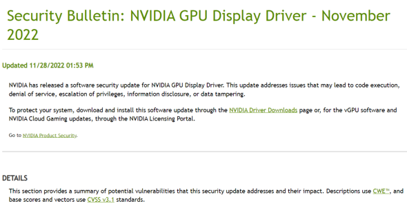 NVIDIAは複数の脆弱性に対応したGPUドライバのアップデートを公開