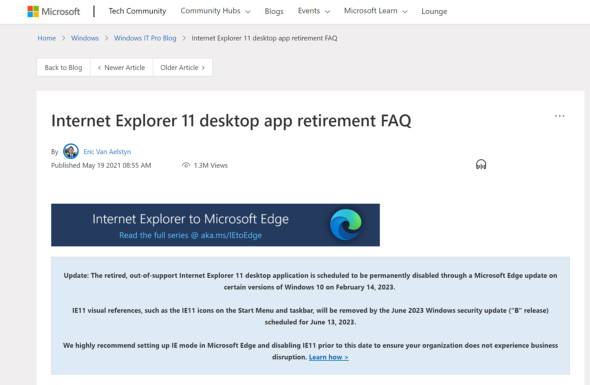 Windows IT Pro BloǵuInternet Explorer 11 desktop app retirement FAQv