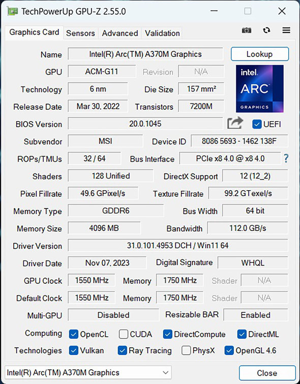 GGXACRs[^[Wp MSI Thin-GF63-12HW-1502JP Intel Arc GPU A370 m[gPC Q[~O