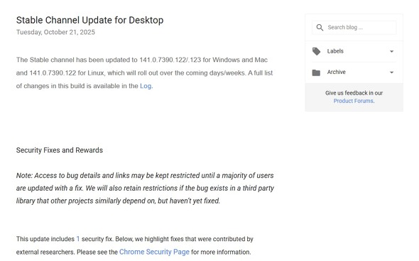 Googleがデスクトップ版Chrome ブラウザの最新版をリリース